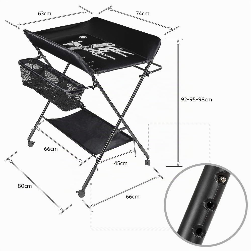 Mueble Cambiador Bebe Plegable y Portátil, Cambiador con 4 Ruedas, Patrón de Jirafa, Ajuste de Altura, 80 * 66 * 92-98cm (A-negro)