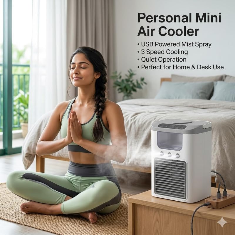 Image of (10 Years Assured Warranty) USB Powered Mini Air Cooler Fan with Water Tank Portable AC Mist Spray 3 Speed Adjustable Cooling for Bedroom Office Desk Use