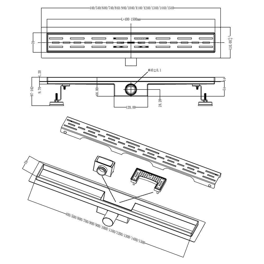 Canalina di Scarico Doccia con Sifone, Scarico a Pavimento in Acciaio Inossidabile, (Adatto per Box Doccia, Bagno, Piscina, Drenaggio), 60CM