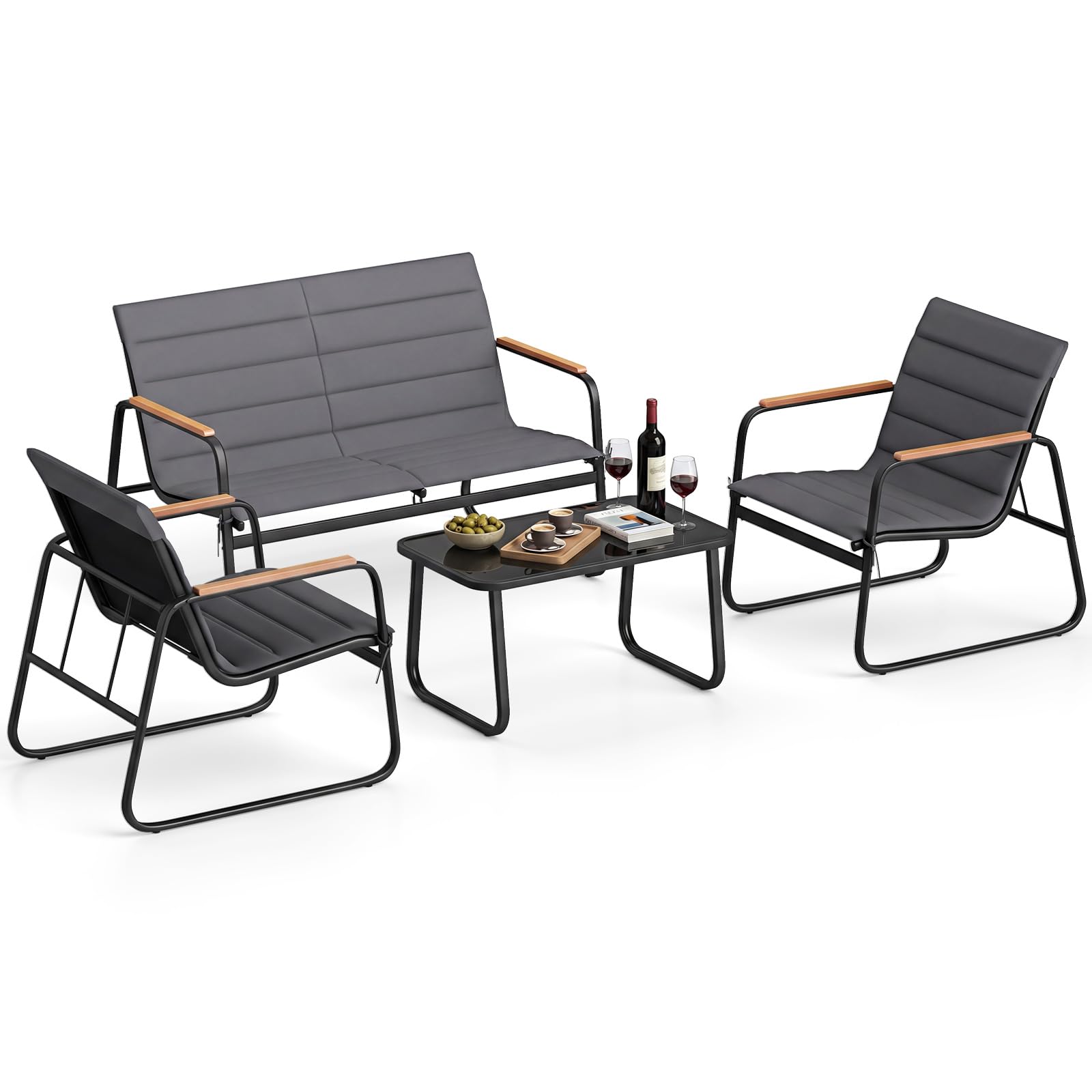 COSTWAY 4-Piece Garden Furniture Set, Metal Frame Patio Conversation Set with Loveseat, 2 Chairs, Tempered Glass Table and Cushions, Outdoor Table and Chairs Sofa Seating (with Wood-Plastic Armrests)