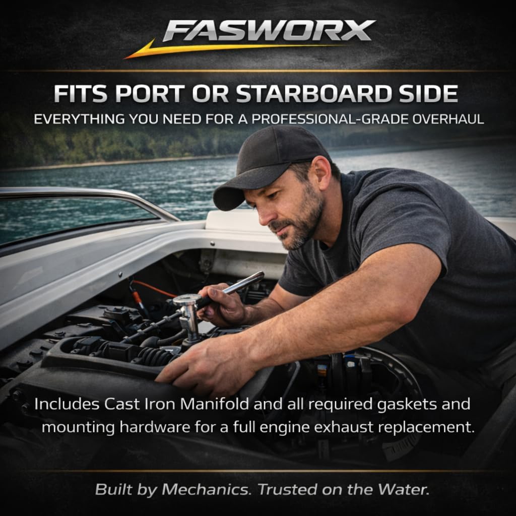 FASWORX Two Cast Iron Exhaust manifolds Compatible with Mercruiser 7.4L, 8.2L, 454, 502