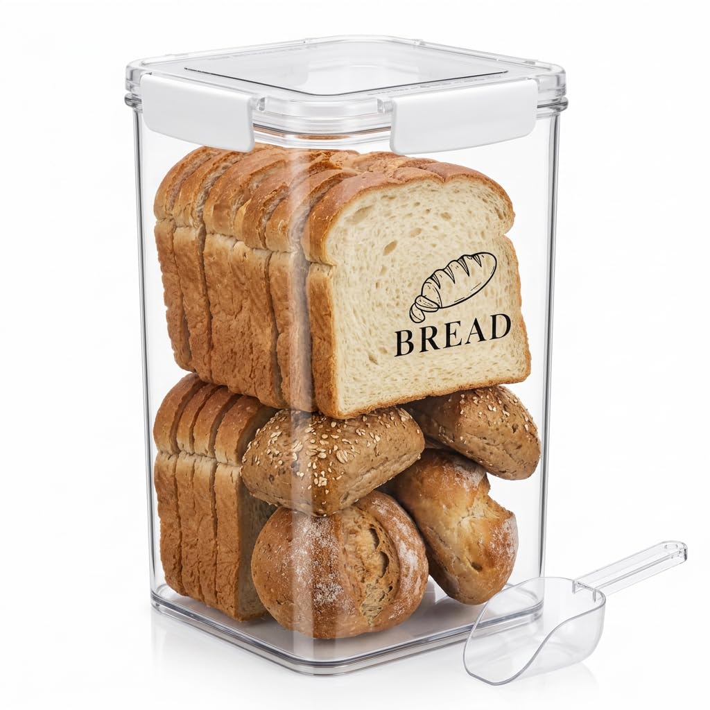 Punorric Airtight Bread Bin, 6L Clear Tall Bread Box with Sealed Lid and Spoon, Plastic Stackable Food Storage Containers with Wide mouth, Kitchen Storage Bin for Homemade Toast Bagel, Bpa-Free