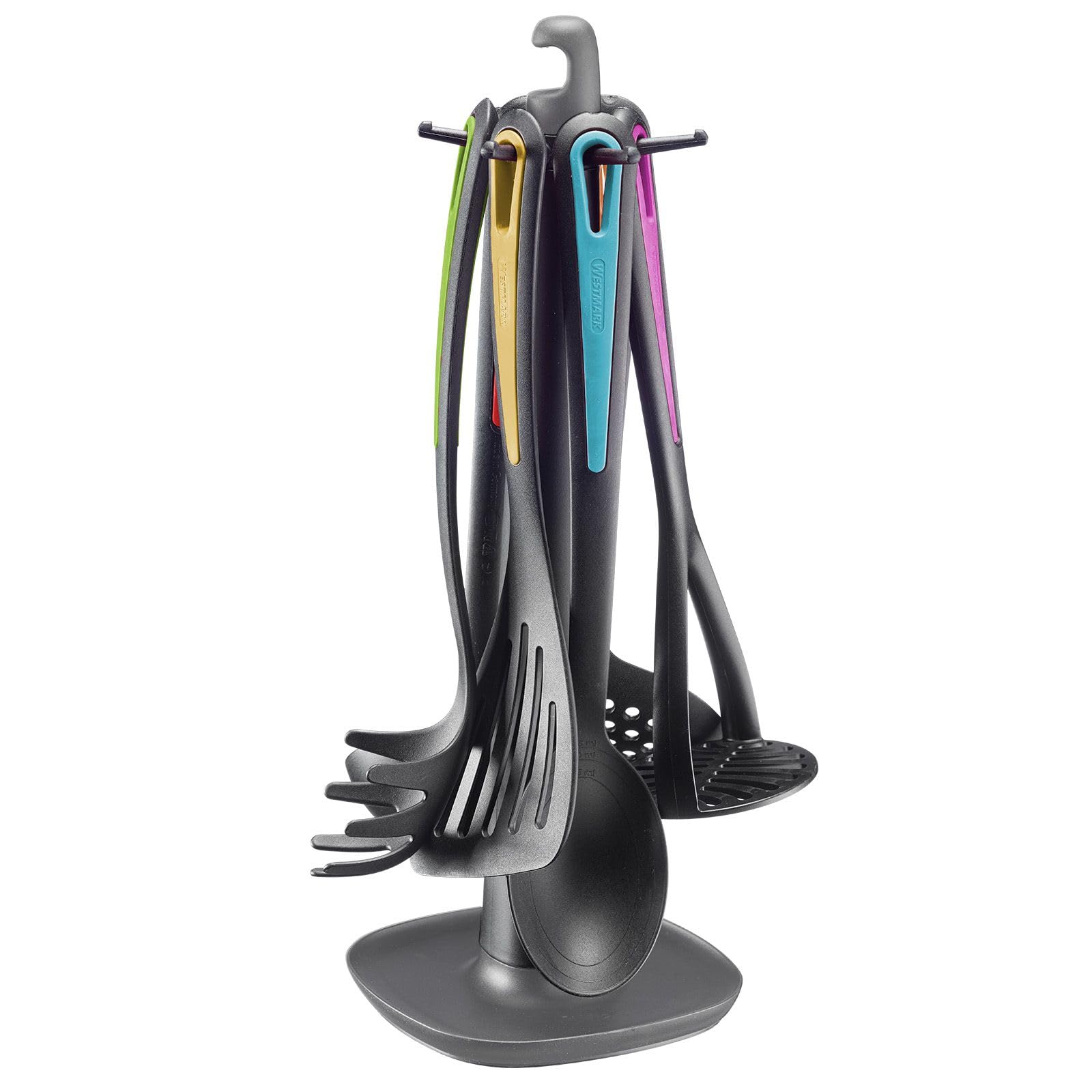 Westmark Kitchen Utensils – Rotating Stand Gallant Color Edition with Potato Masher, Vegetable Spoon, Spaghetti Spoon, Soup Ladle, Skimmer, and Turner – Multicoloured, 7-Piece Set