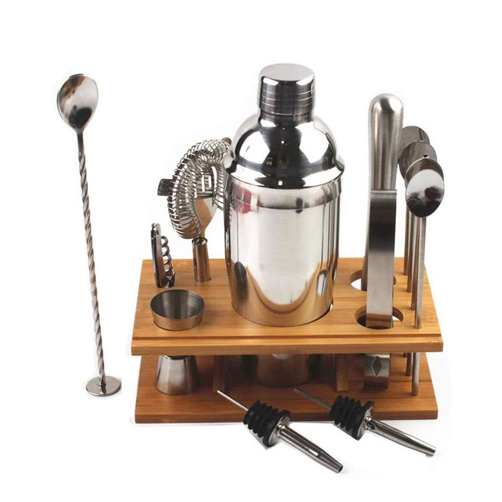 Kit de Barman, kit de Cocktail de 14 pièces sertie de Stand de Bambou élégant, Jeu de shakers Martini, Ensemble d'outils de Barres Professionnels en Acier Inoxydable, kit de Barrage à Domicile