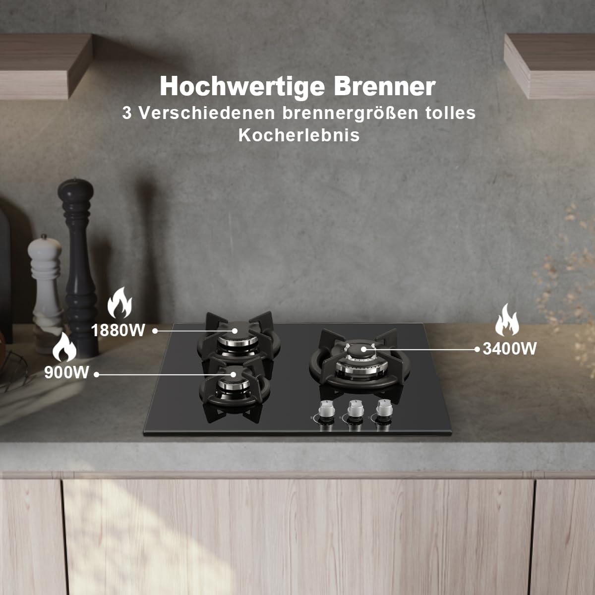 SNDOAS Piano Cottura Gas, Piano Cottura 3 Fuochi Gas Vetro con Protezione Automatica Della Fiamma, Gas Naturale e Gas Propano, Incorporato, Nero, 6180 W, 220-240 V