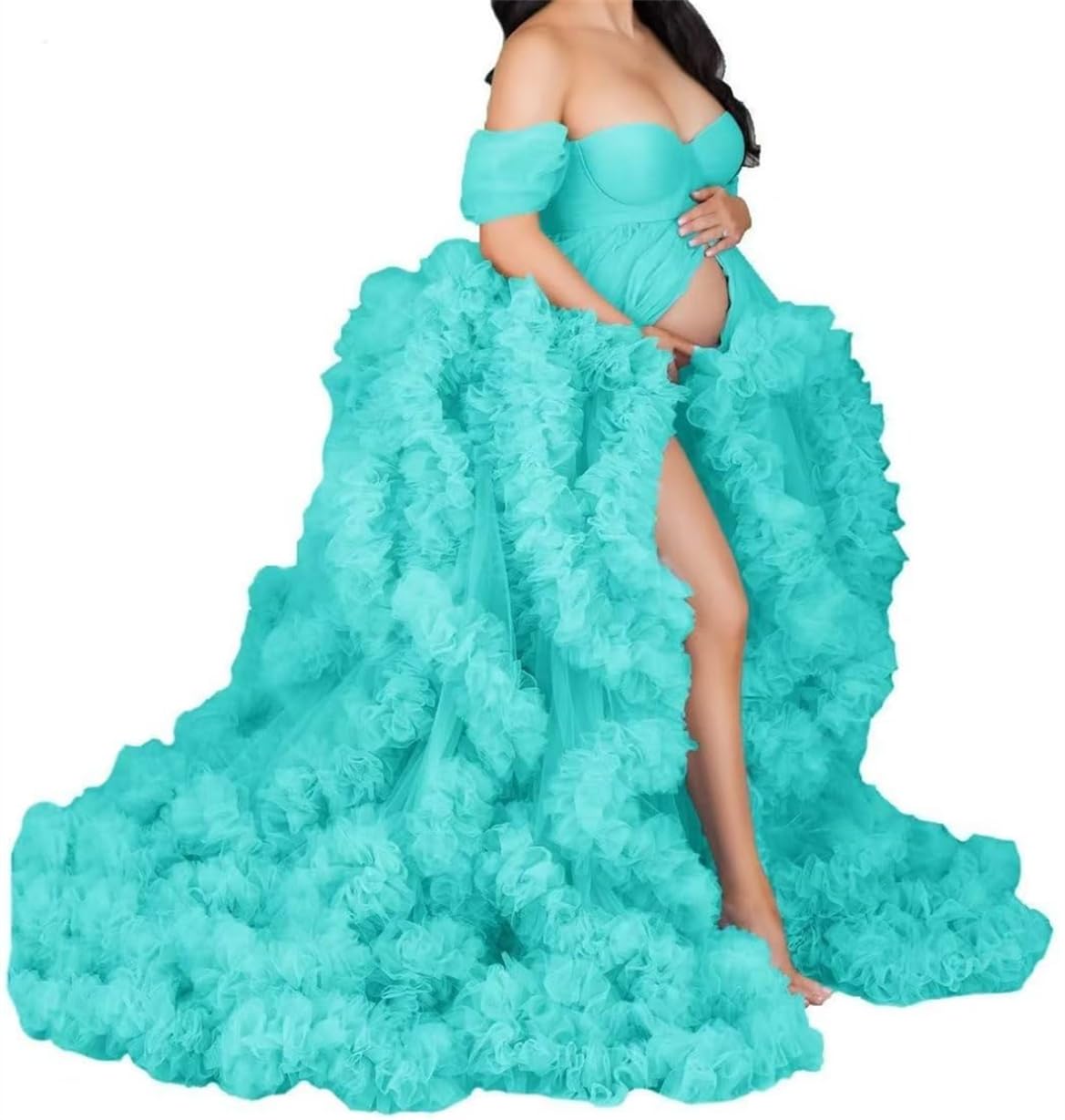 Aherkll Women's Turquoise Long Bridal Robes Tulle Lingerie Maternity Bathrobe Photoshoot Illusion Wedding Scarf Party Nightgown Zm004 Uk18