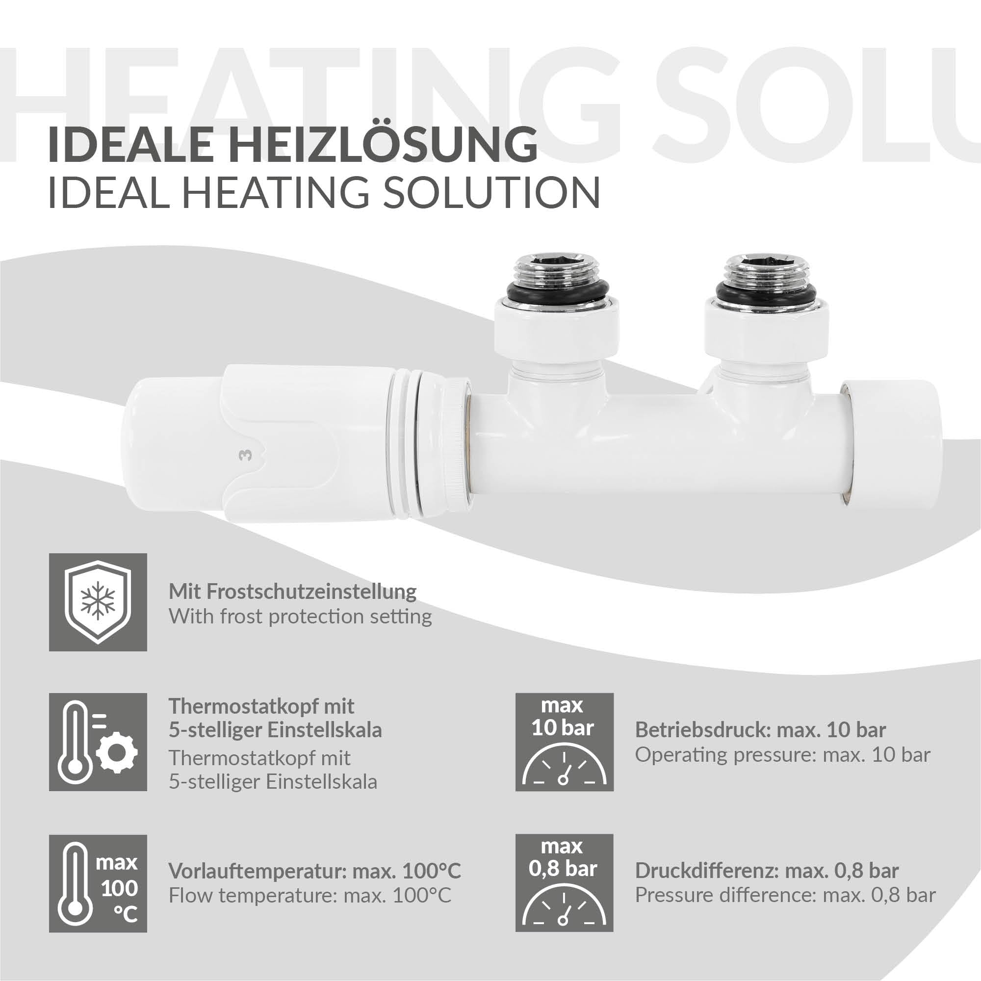 ECD Germany Valvola Termostatica Radiatore Set di Collegamento Termostato per Termosifoni e Scaldasalviette 50mm Bianco Collegamento Centrale a Muro Testa Termostatica Rubinetto Valvola per Radiatori