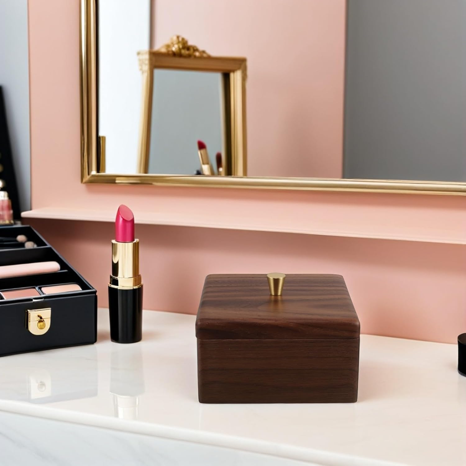 Walnut Wood Organizer Box for Cotton Pads and Swabs Vanity Use