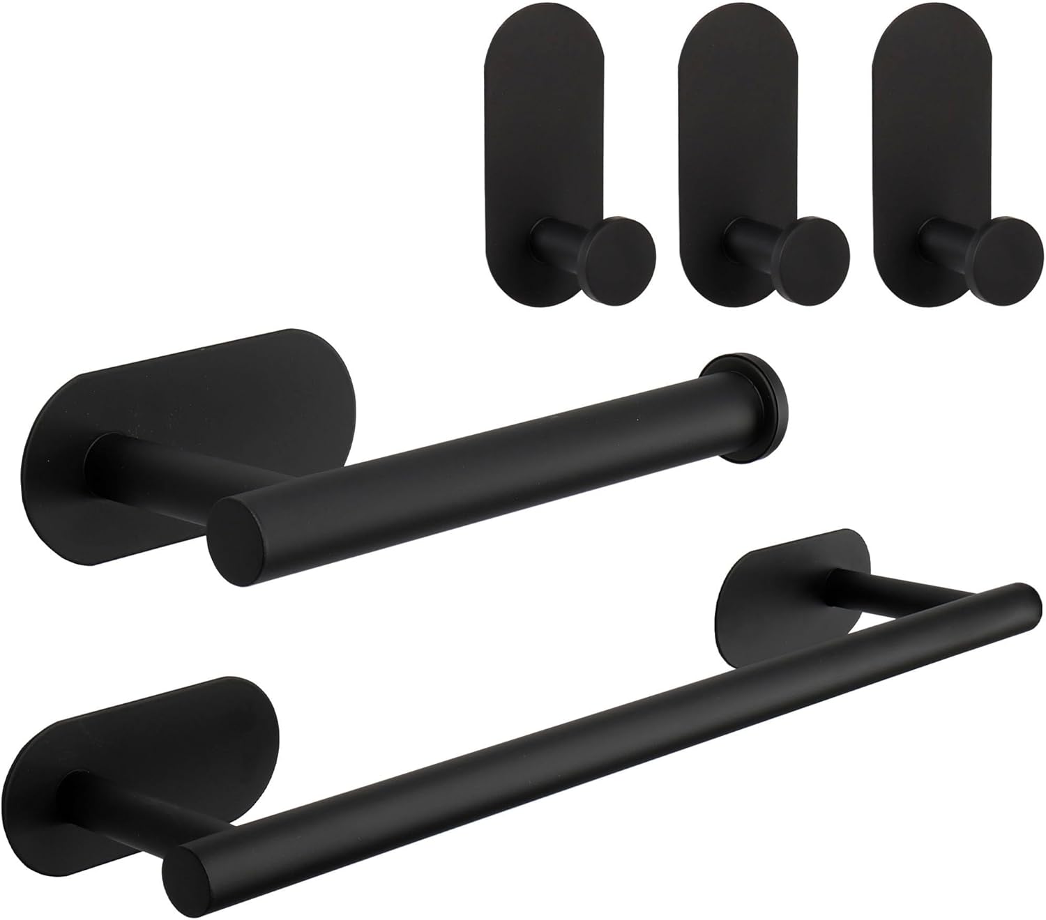 TocTen 5 Pieces Self Adhesive Towel Bar Set, Stainless Steel Bathroom Hardware Set Include Towel Rack, Toilet Paper Holder, 3 Packs Towel Hook, No Drilling Sticky Bathroom Accessory Kit(Matte Black) (16 Inch Matte Black) - Main View