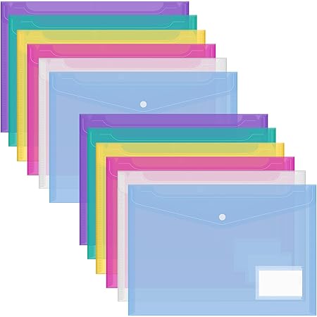 A4 Dokumentenmappen Set - 12 Transparente Ordner Mit Druckknopf & Etikett (6 Farben, Wasserdicht PP-Material)