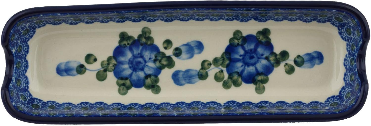 Polmedia Polish Pottery Corn Tray - Blue Poppies Pattern Handmade in Boleslawiec Poland by Ceramika Artystyczna + Certificate of Authenticity