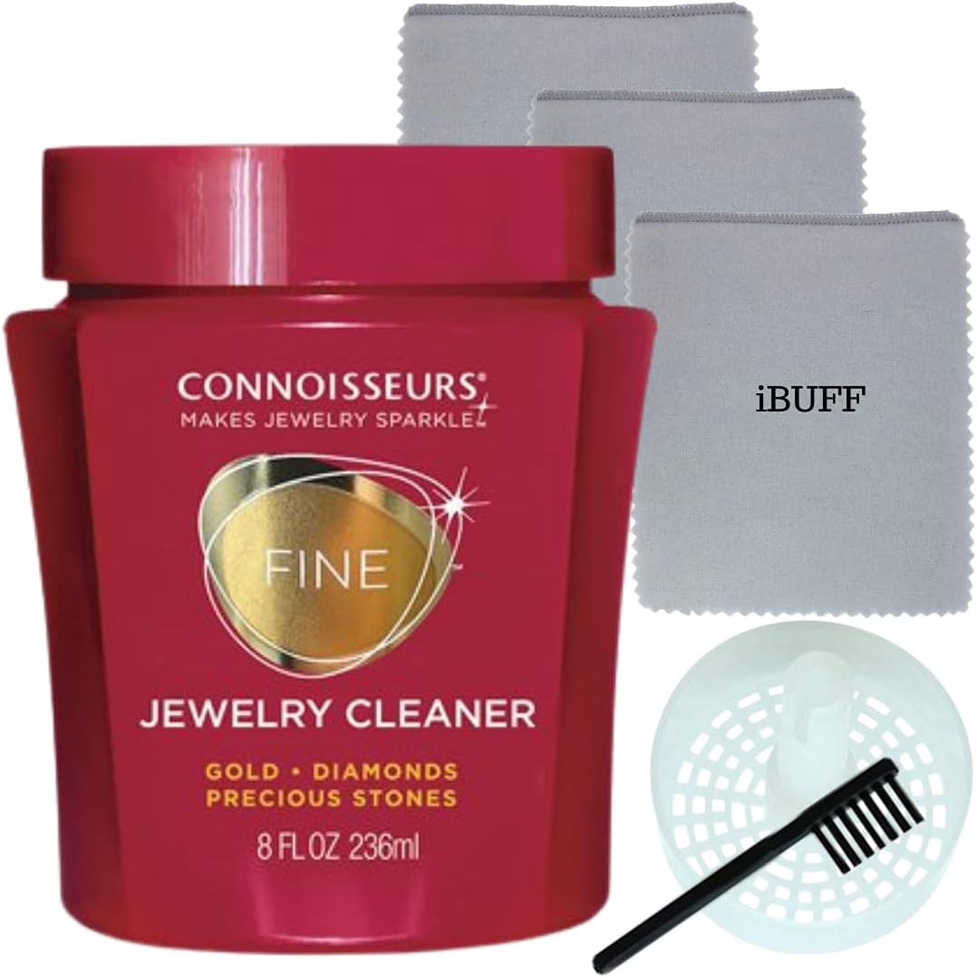 CONNOISSEURS Jewelry Cleaner, for Diamond, Gold, Platinum & Precious Stones Bonus Basket and Brush (4 Fl.Oz Jewelry Cleaner)