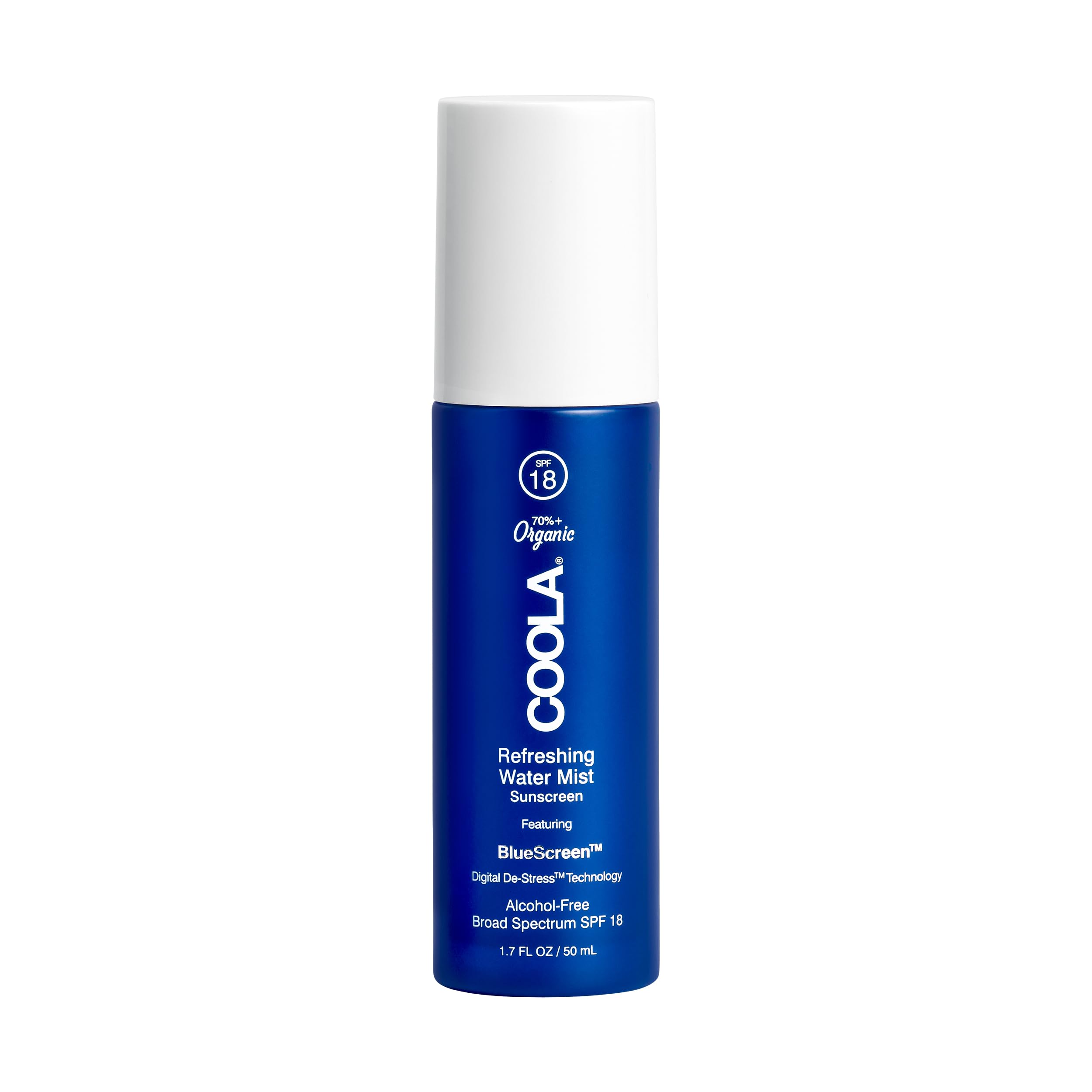 COOLA Organic Refreshing Water Mist Face Moisturizer With SPF 18, Dermatologist Tested Face Sunscreen With Plant-Derived BlueScreen Digital De-Stress Technology