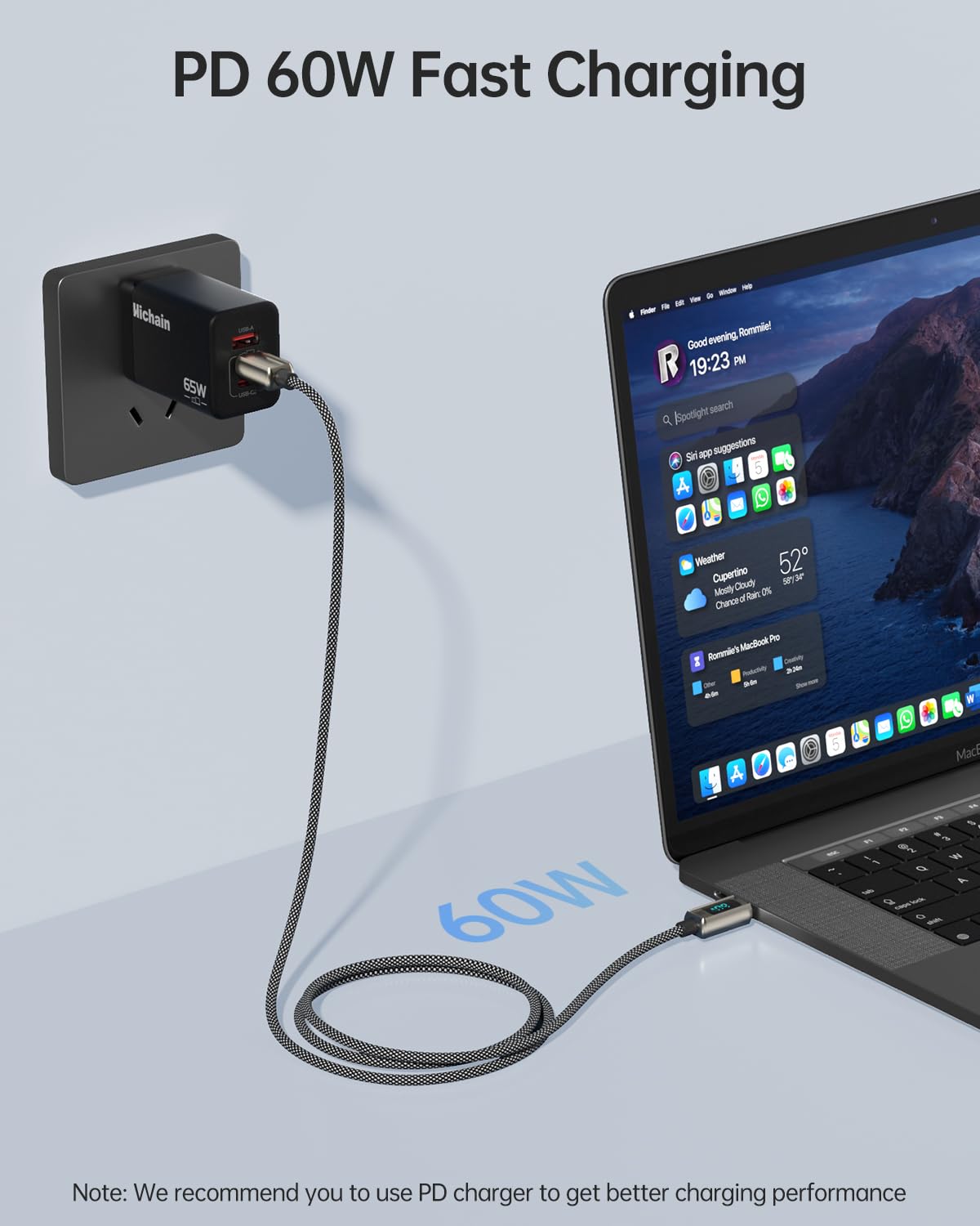 Hichain Cable USB C de carga rápida tipo C de 4 pies con pantalla LED, aleación de zinc plateado y nailon trenzado USB C a USB C para iPhone 17/16/15, MacBook, iPad Pro, Galaxy S24/S23