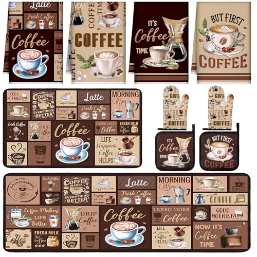 Fourluoo 10 Pcs Coffee Kitchen Decor and Accessories Brown Oven Mitts and Pot Holders Set Coffee...