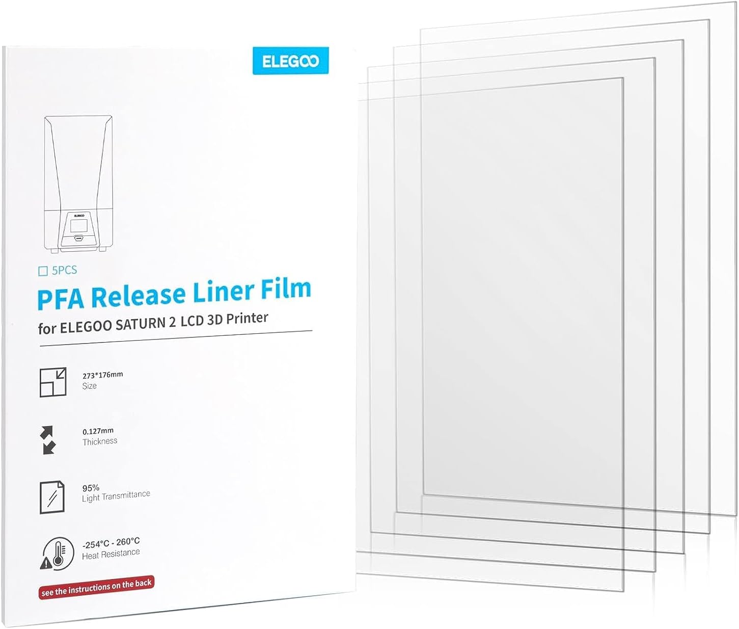 ELEGOO 5PCS PFA Release Liner Film for Saturn 2/3/3 Ultra/4/4 Ultra LCD 3D Printer 273 * 176mm, 0.127mm Thickness with Stronger Release Functionality and 95% Light Transmittance