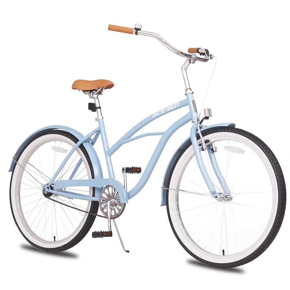 ACEGER 24 26 Inch Women Beach Cruiser Bike, Single Speed and 7 Speed, Adult Hybrid Bike Commuter Bicycle, Hi-Ten Steel Frame with Adjustable Handlebar and Saddle, Multiple Colors