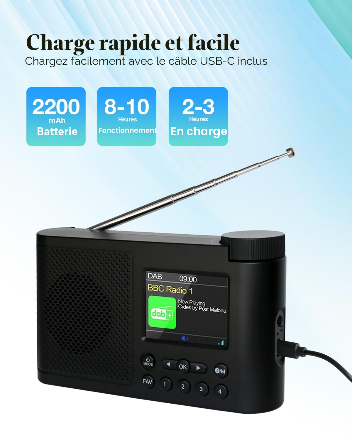 Radio Dab Portable, Radios Dab Plus Numériques avec Bluetooth, Radio FM Rechargeable par USB, Radio Petite Alimentée par Batterie, Horloge Doubles Alarmes, Minuterie de Veille, 40 Stations Préréglées