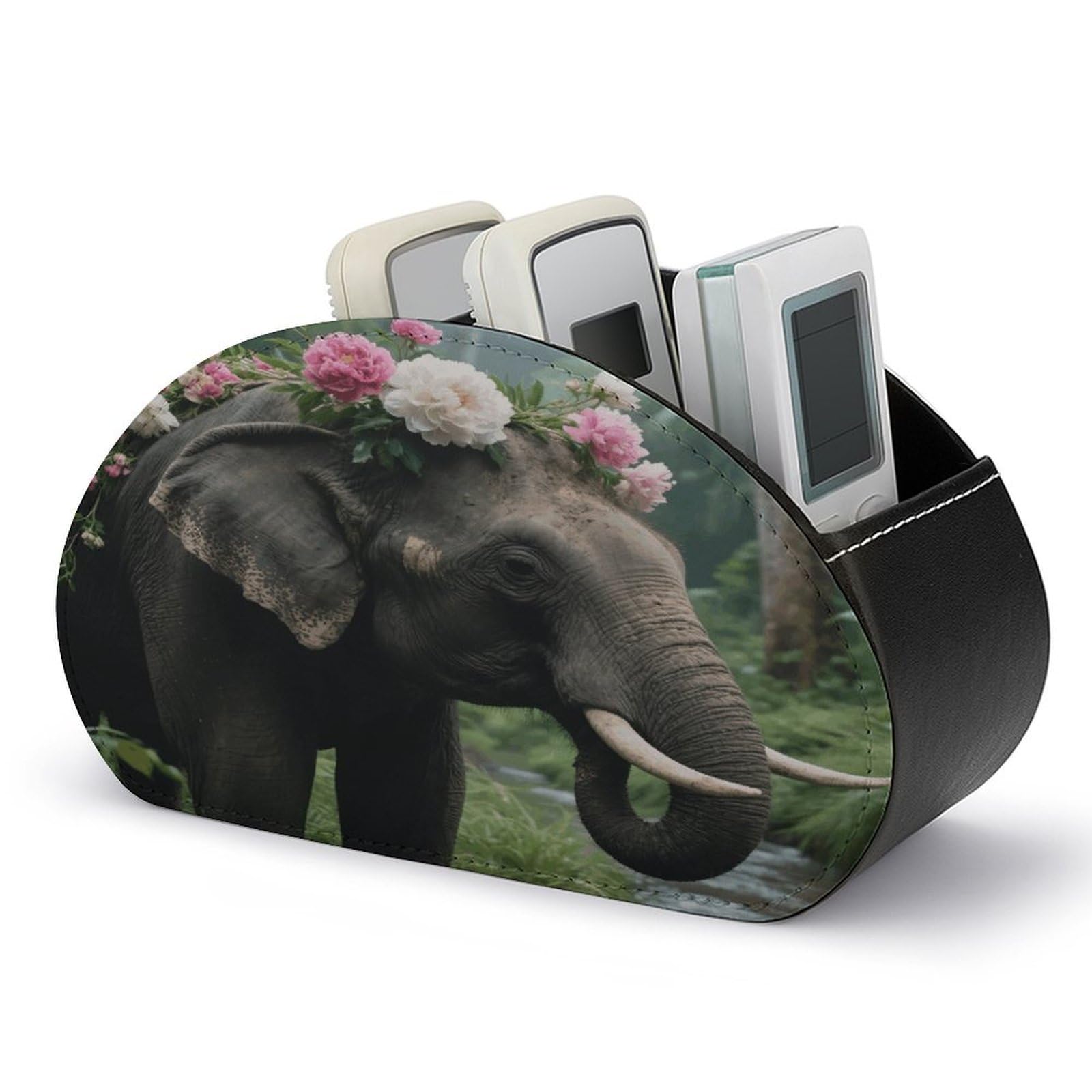 VstaDank Flower Elephant Remote Control Holder with 5 Compartments PU Leather TV Remoter Caddy Desktop Organizer TV Remote Holder Remote Box for Media Controllers Office Supplies