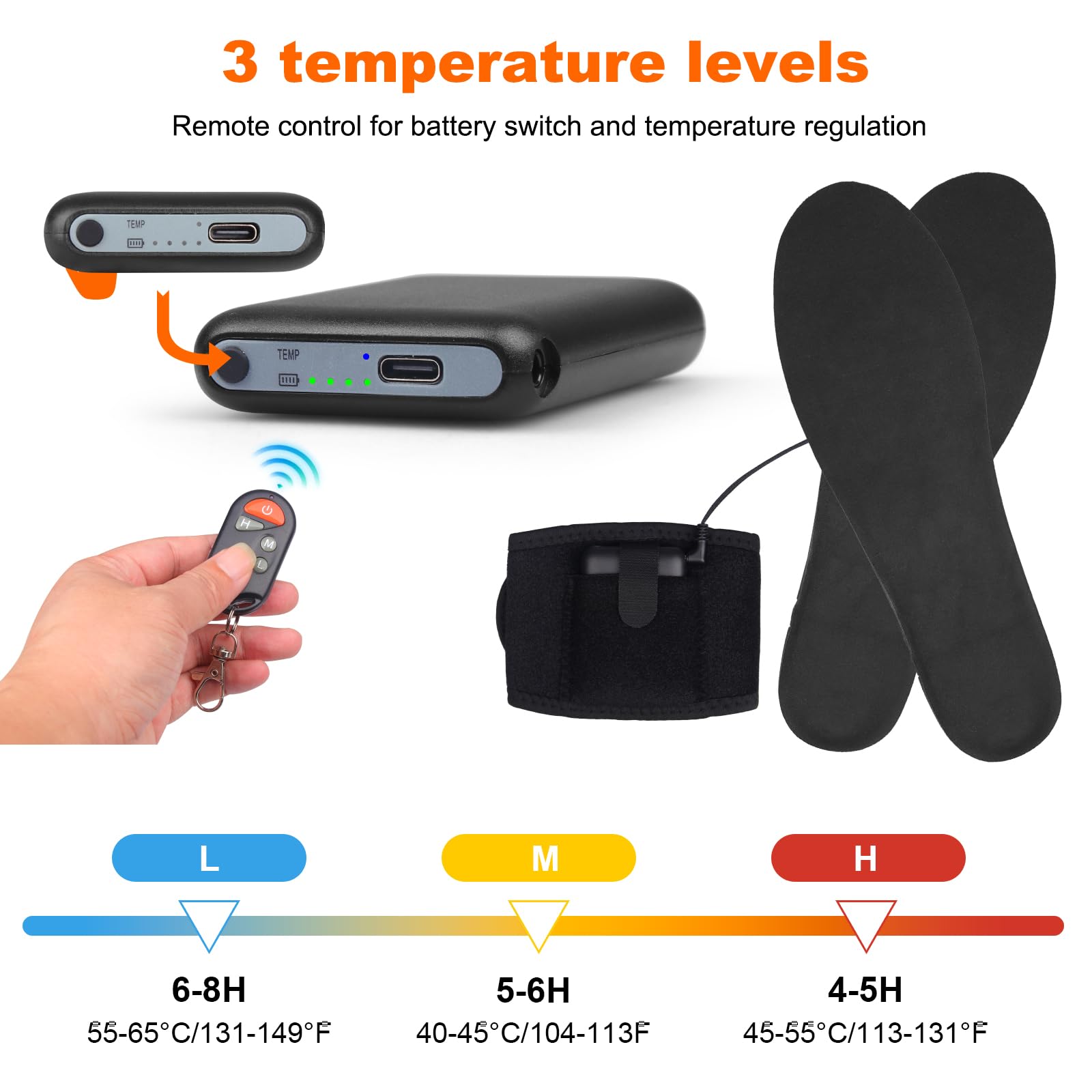 Beheizbare Einlegesohlen mit Externem Akku und Fernbedienung, USB-Fußwärmer, 4 Heizstufen Wärmesohlen Thermosohlen für Damen und Herren, Waschbar, Zuschneidbar Größe (36-41)