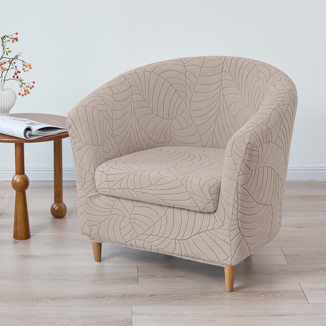 Club Chair Slipcover with Seat Cushion Jacquard Tub Chair Cover Round Barrel Chair Covers Stretchable Couch Furniture Protector Armchair Cover for Living Room Set of 1 Khaki