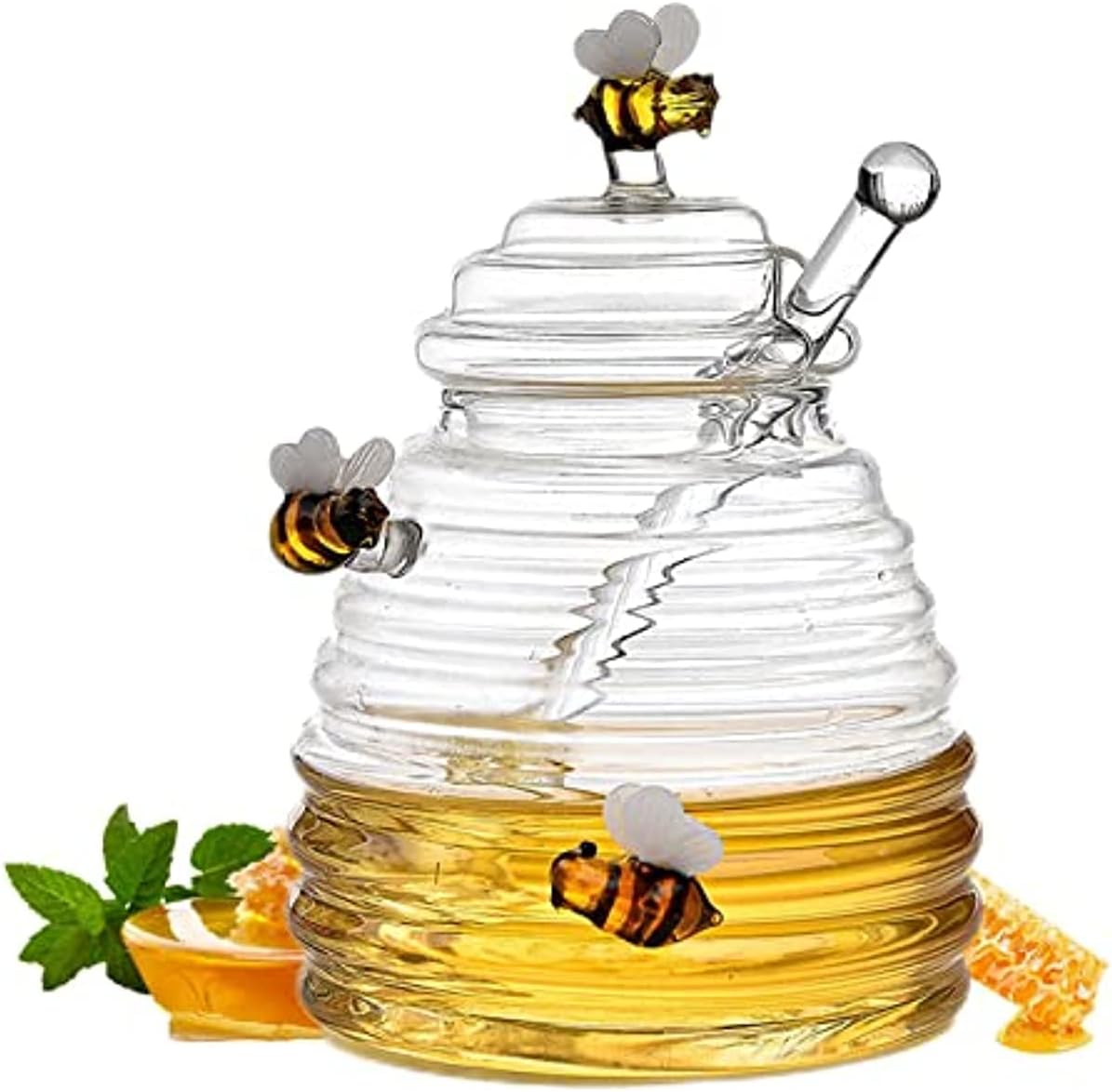 Glass Honey Pot - Honey Jar with Honey Container and Honey Spoon | Transparent Honey Dispenser with Lid | Honey Glasses in Beehive Shape for Serving Honey and Syrup