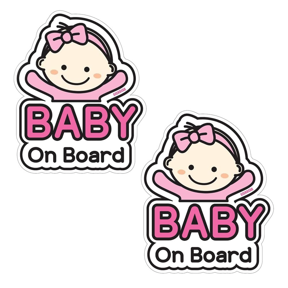 GEEKBEAR Baby on Board Car Sticker - Cartoon Design, Reflective, Weather-Resistant (Basic Girl + Basic Girl)