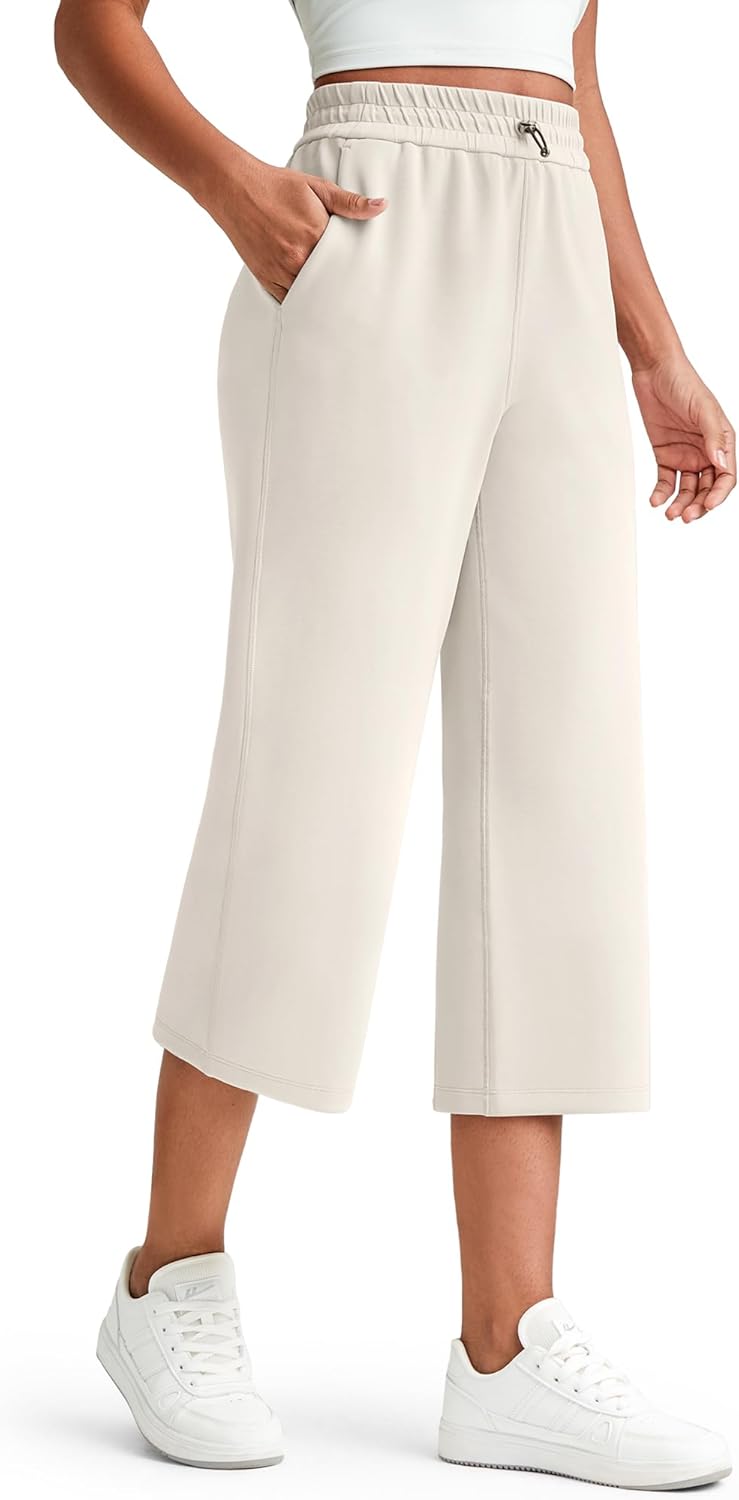 G4Free Smoofit Wide Leg Capri Pants for Women Adjustable Shockcord High Waist Summer Travel Casual Pants with Pockets