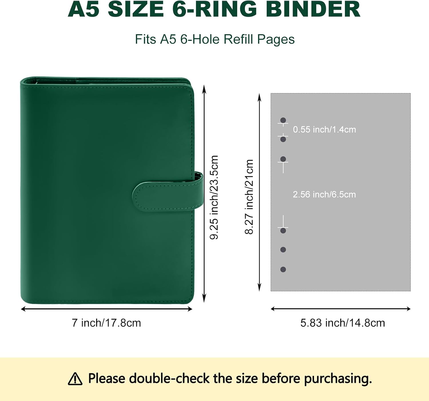 Convend A6/A5 Refillable Binder Cover with 6 Rings, Dark Green image 3