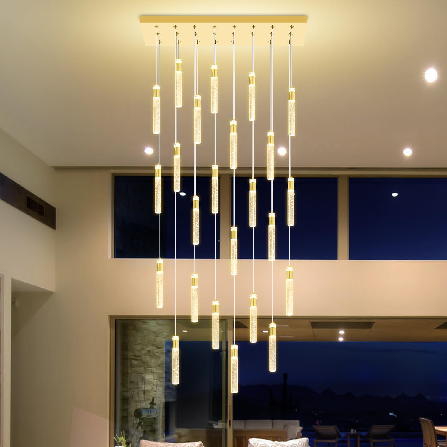 Glam Rectangular Crystal Column Chandelier for High Ceiling 24-Lights Gold LED Dimmable Pendant Light for Kitchen Island Dining Room Entrance Foyer Living Room Adjustable Height