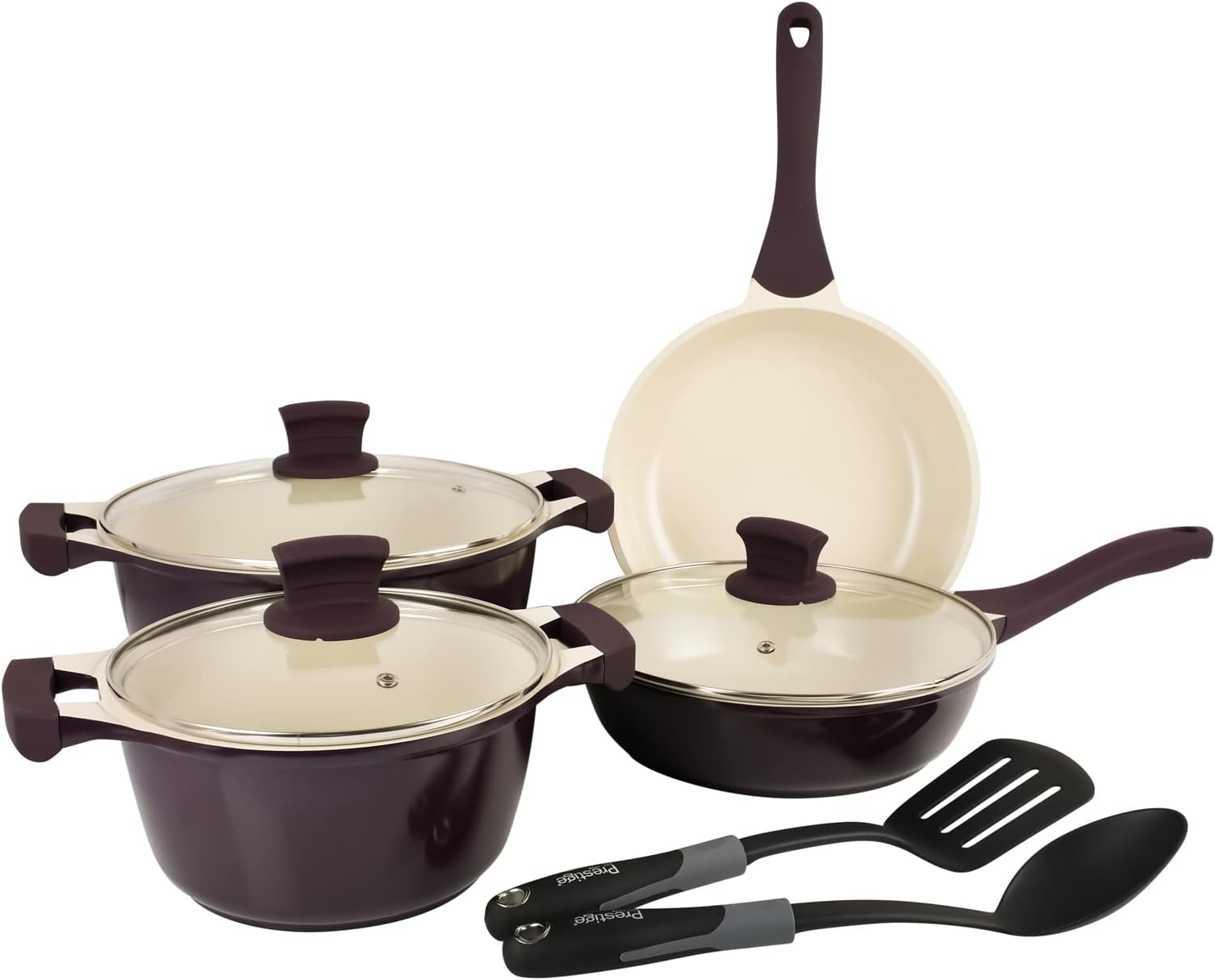 Prestige Cast Aluminium Ceramic Non Stick Cookware Set, 9 Pieces, Purple