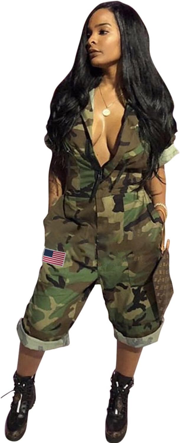 ReachMeWomens Short Sleeve Independence Day Camo Jumpsuit Shorts with Pockets