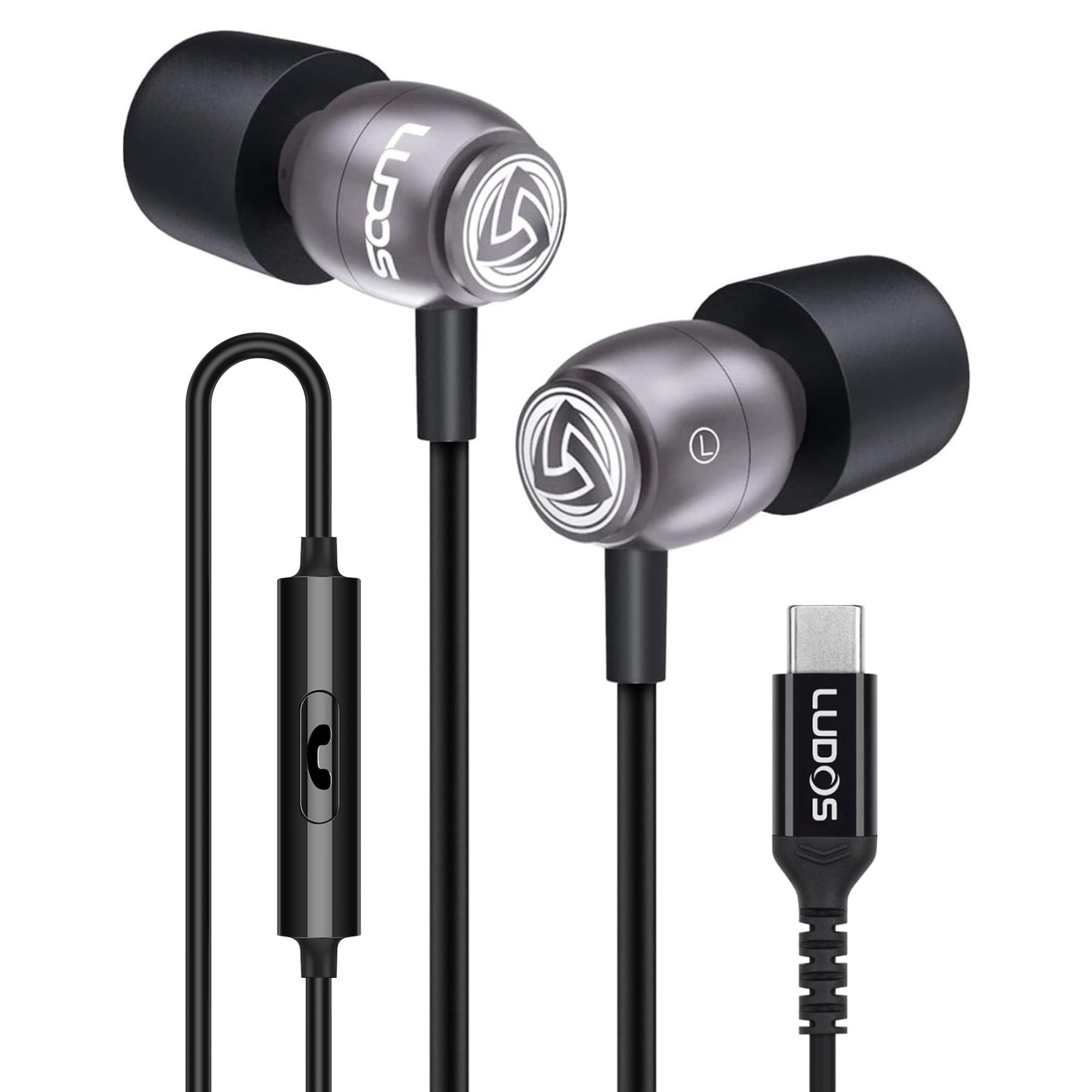 LUDOS Clamor USB C Headphones for iPhone 17 16 15 Pro Max Plus Air iPad Pro, 5 Years Warranty, USB-C Earbuds for Samsung Galaxy S26 S25 S24 S23 Ultra S22 S21 FE S20 A55 A54 A53, USB Type C Earphones USB-C Grey
