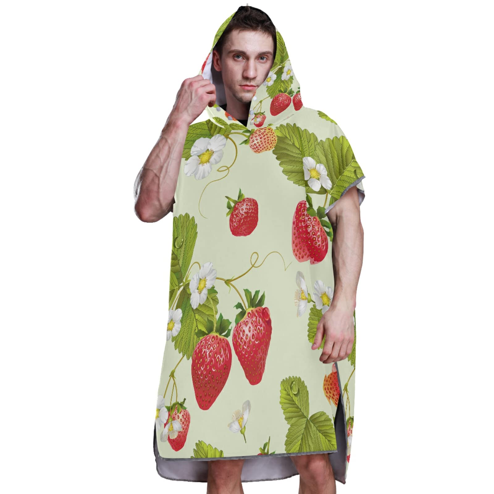 Rot Surf-Poncho mit grünen Blättern mit weißen Blumen in Hellgrün für Erwachsene mit Kapuze und Tasche, schnelltrocknend, Mikrofaser-Handtuch für Bad, Strand im Freien