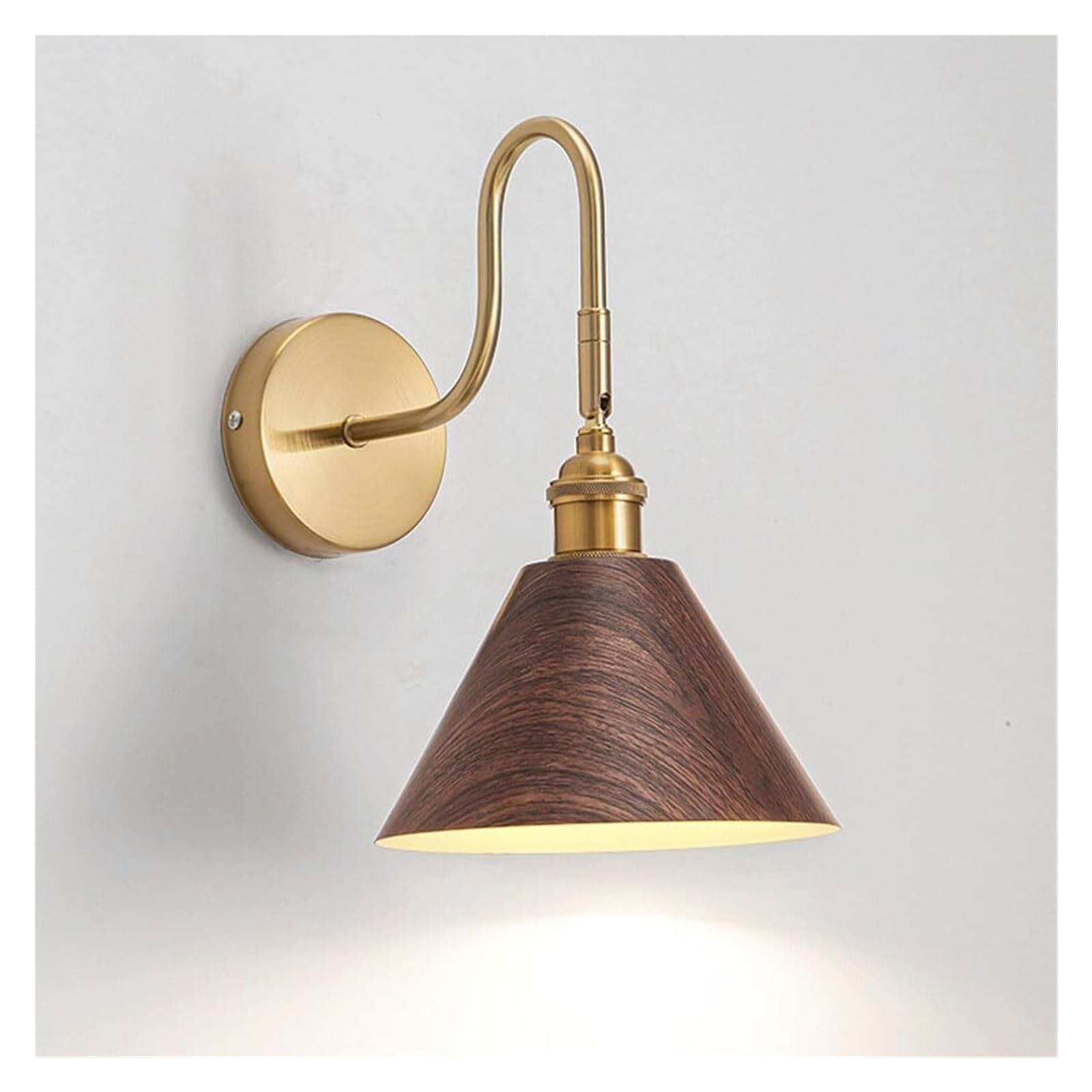 KHUKHU Gold Bedside Wall Lamp Adjustable Wall Sconce with Wood Grain Finish Shade, Rotatable Wall Mounted Reading Light Retro Modern E27 Wall Light Fixture for Bedroom Bedside Study Room(Walnut)