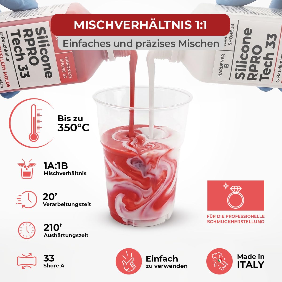 Reschimica Silikon Kautschuk 1:1 R PRO TECH 33, Dubliersilikon mittelhart I Zinnguss Bleiguss, hitzebeständig, Abformsilikon (2 kg)