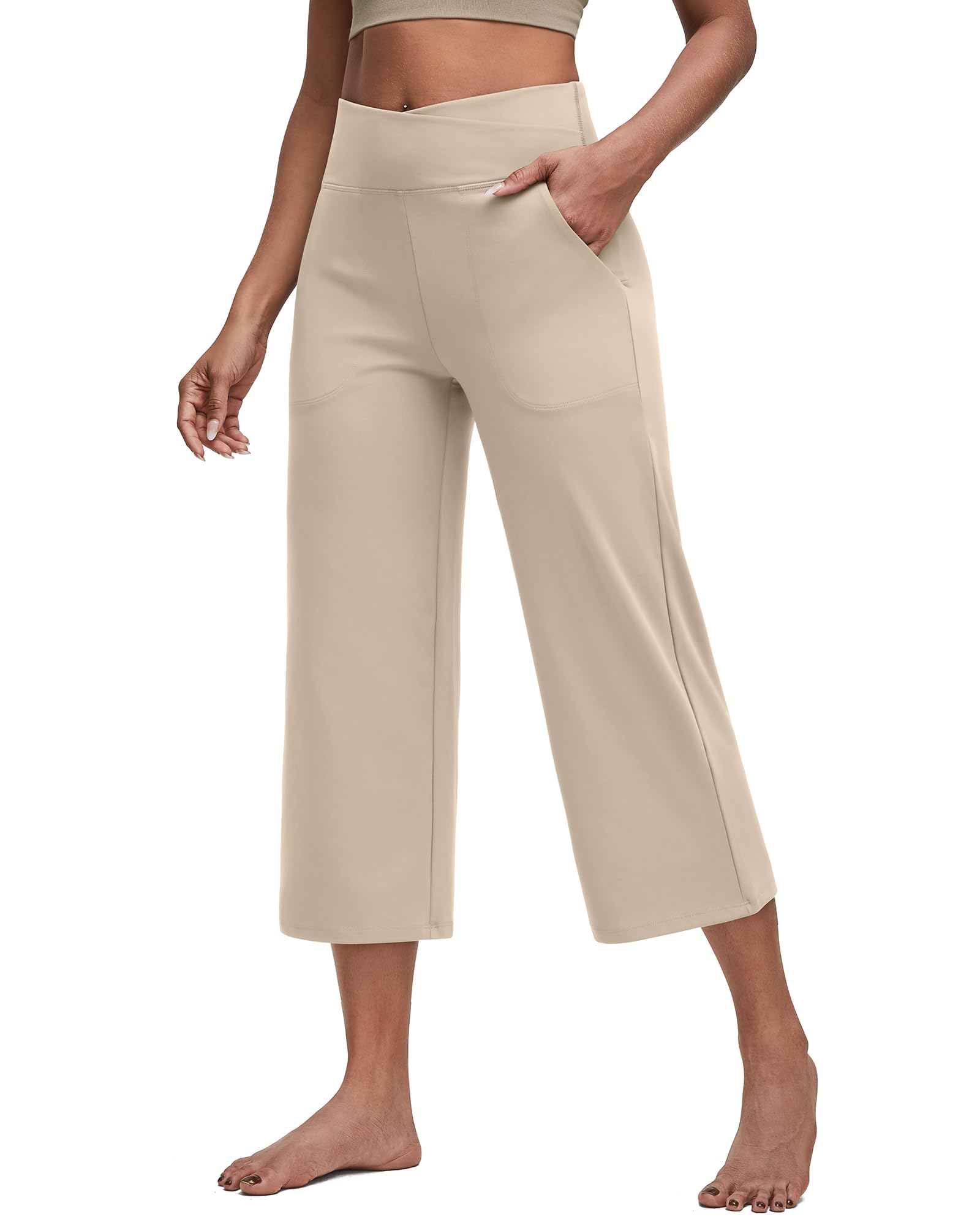 G4Free Capri Pants for Women Wide Leg Yoga Dress Capris with Pockets Cross Loose Casual Work Crop Pants