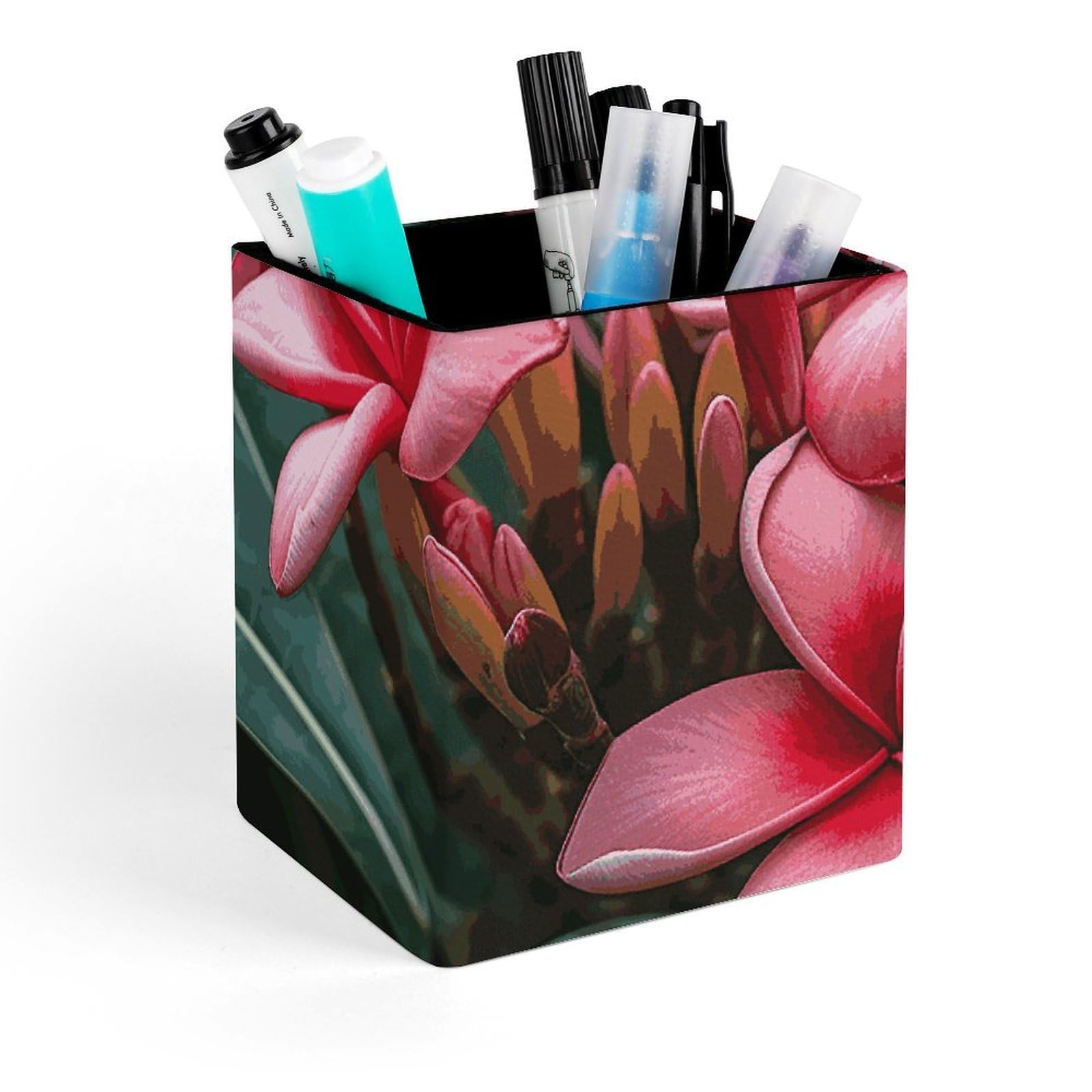 DWVTSLH Aesthetic Pen Holder for Desk - Modern Leather Pencil Holder - Stylish Square Makeup Brush Holder - Plumeria Pen Cup Cute And Functional Desk Organizer for Office Supplies