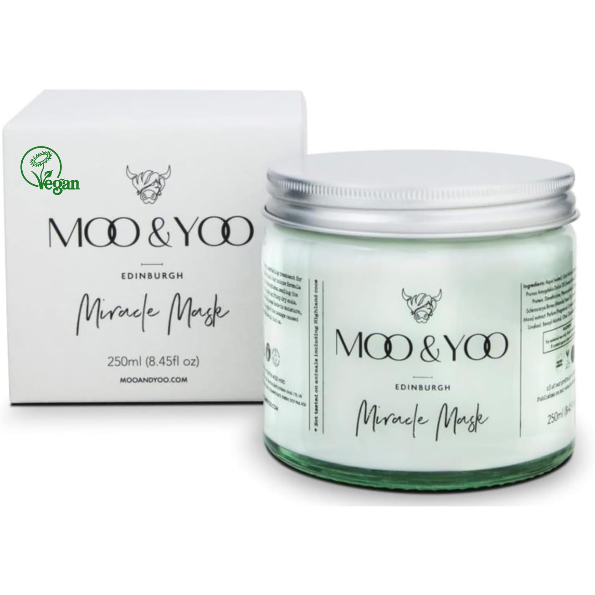 Moo & Yoo Miracle Hair Mask – Salon Quality Deep Repair & Hydration Treatment – With Marula Oil, Icelandic Moss & Wheat Protein – Vegan, Cruelty Free, Luxury Haircare – 250ml Recyclable Glass Jar