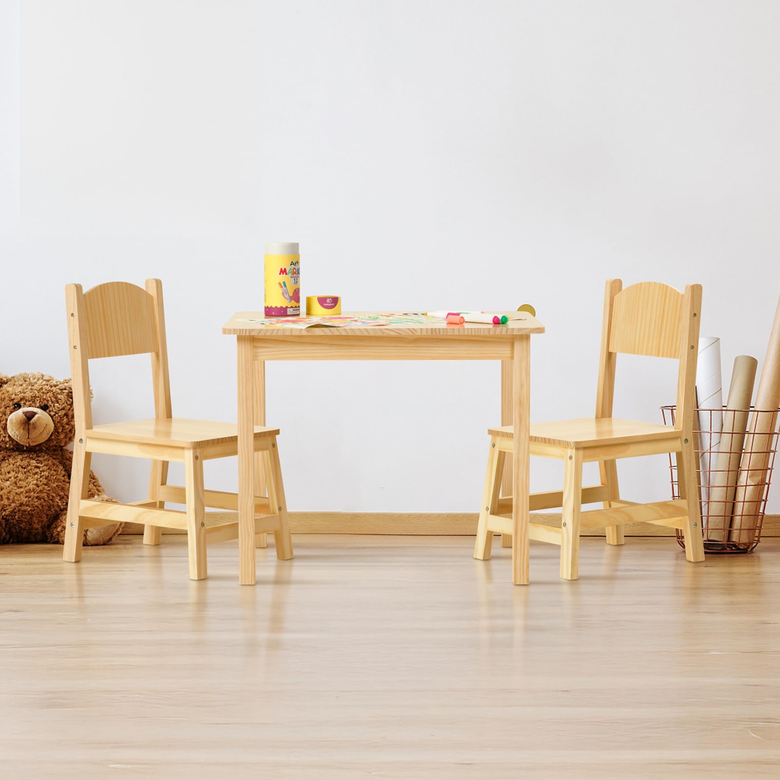OOOK Table Enfant avec 2 Chaise, Bureau Enfant en Bois, Table et Chaise pour Fille et Garçon à Partir de 3 Ans, Petit Bureau pour Maternelle, Chambre d'enfant