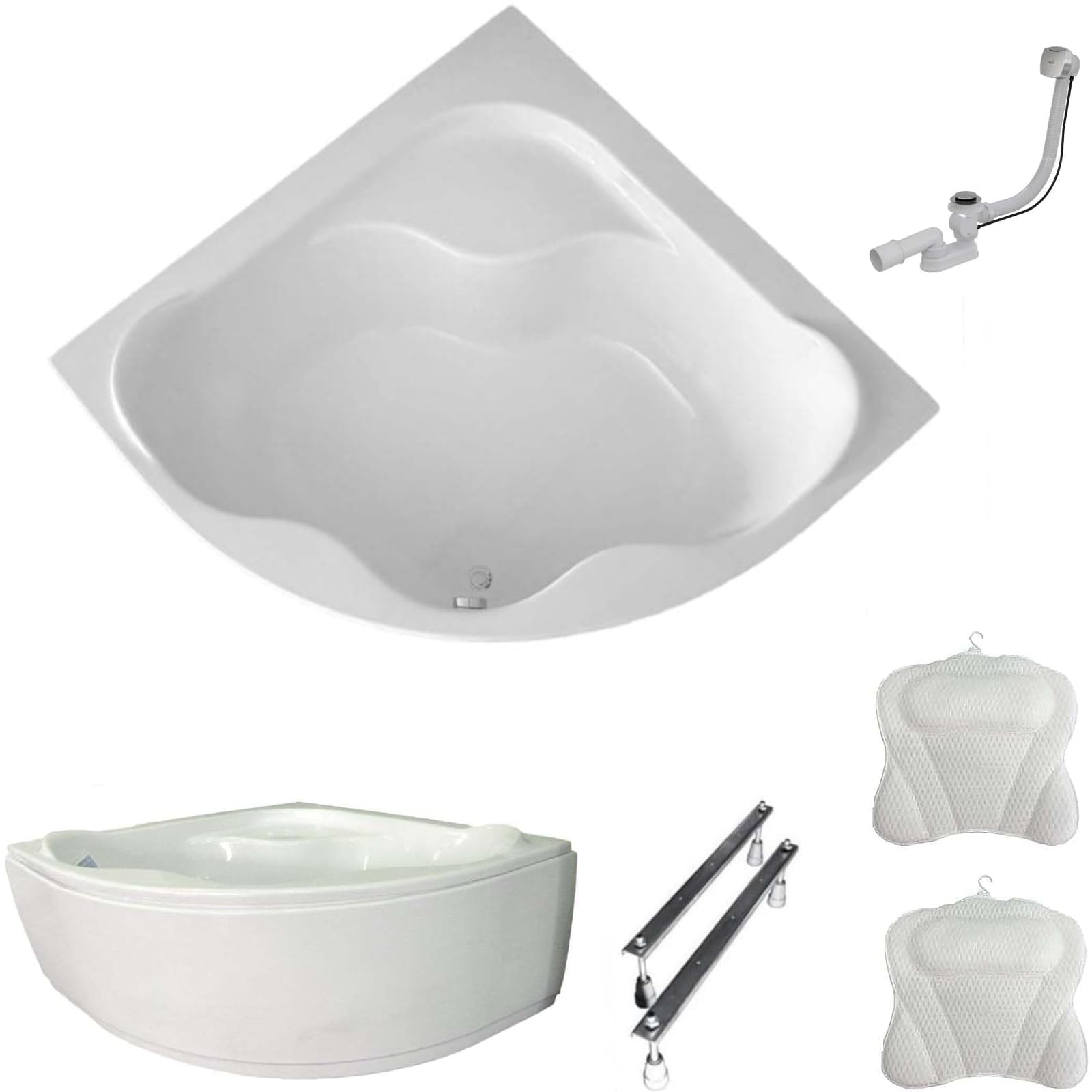 ECOLAM Baignoire d'angle symétrique SELMA 140 x 140cm + tablier en acrylique | oreiller Mare | pieds siphon | set complet