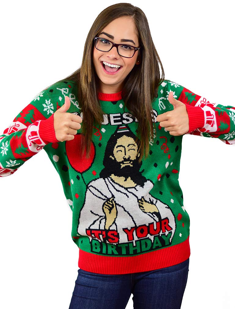 Jersey de punto de Navidad para hombre y mujer con imagen de Jesús e inscripción Go Jesus It's Your Birthday, suéter feo de Navidad