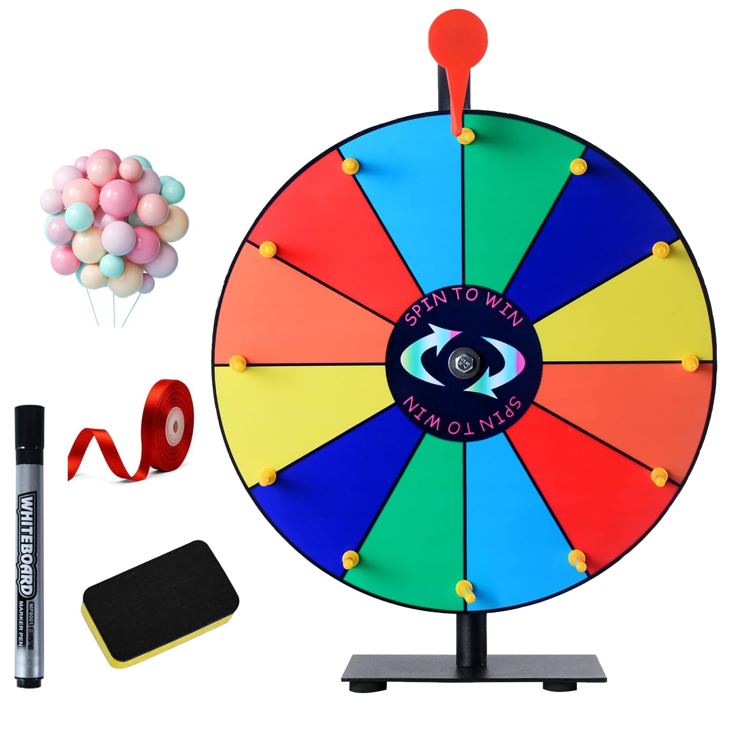 12 Inch Color Prize Wheel with 14 Slots, Heavy Duty Tabletop Spinning Wheel with Stand, Dry Erase Marker and Eraser for Carnival, Party, Trade Show, Win Fortune Spin Games, and Home Gathering
