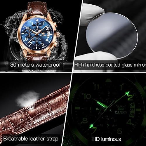 Miniatura 4 de OLEVS Relojes de hombre de cuero marrón con fecha, relojes casuales para hombre, relojes de cara grande para hombre, cronógrafo para hombre, reloj