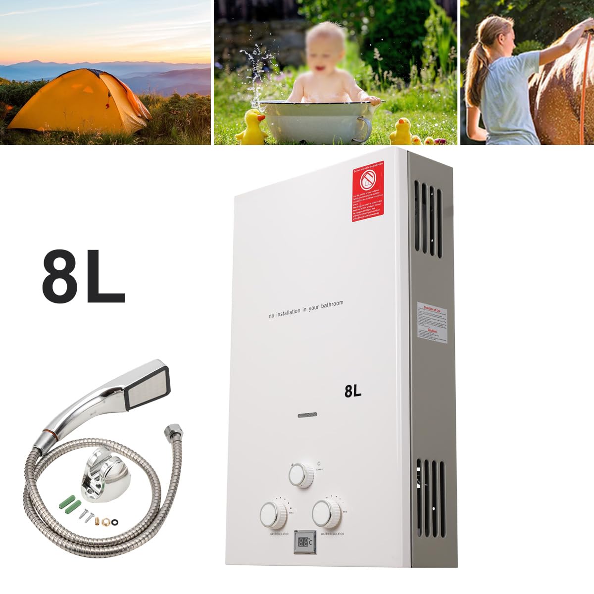 8L 16KW GPL Scaldabagno a Gas, Gas a Parete senza serbatoio Scaldabagno istantaneo,con kit doccia e Display a LED,con Modalità Inverno ed Estate,Per Casa, Camper ed Esterni,bianco