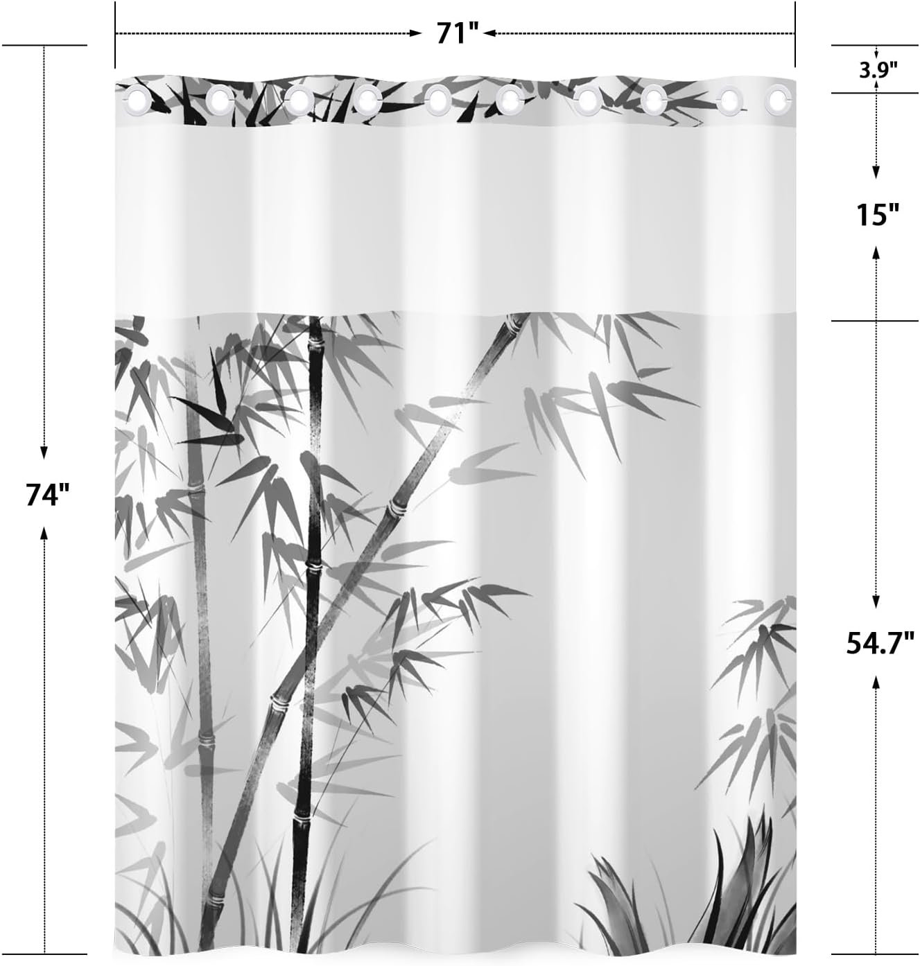 No Hook Shower Curtain and Snap in Liner Set, Black and White Ink Wash Bamboo Print Shower Curtains for Zen Minimalist Japandi Spa Bathroom, Waterproof Bath Curtain with Mesh Top, 71x74 Inch