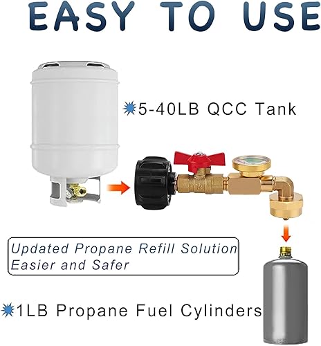 Miniatura 5 de Adaptador de recarga de propano para tanques de 1 libra, convertidor de latón macizo de 90 grados de 20 libras a 1 libra con válvula y medidor, se