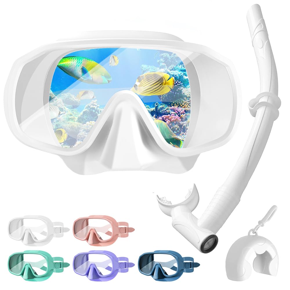 Occhiali da sub con boccaglio, set da snorkeling per adulti con anti appannamento e bordo in silicone a due strati, set da snorkeling, maschera panoramica a 180°, perfetti per snorkeling e