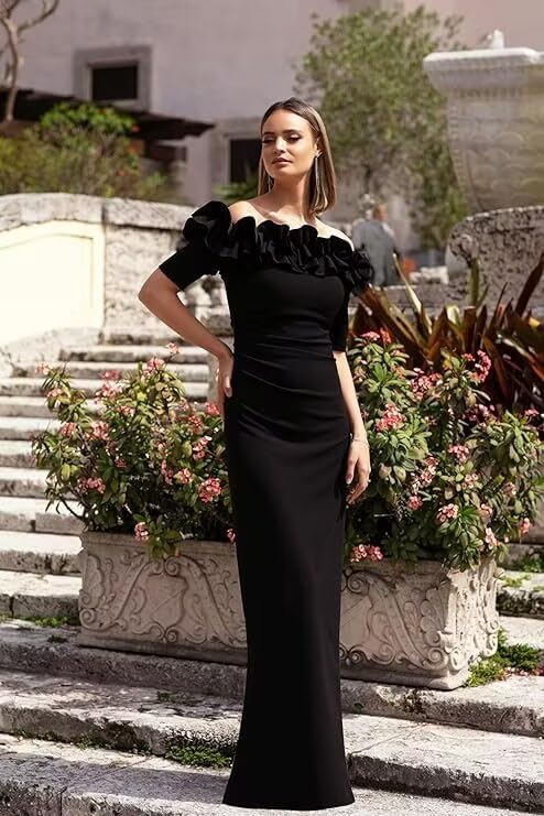 Off Shoulder Satin Mother of The Bride Dresses for Women Ruffle Maxi Formal Party Gown4