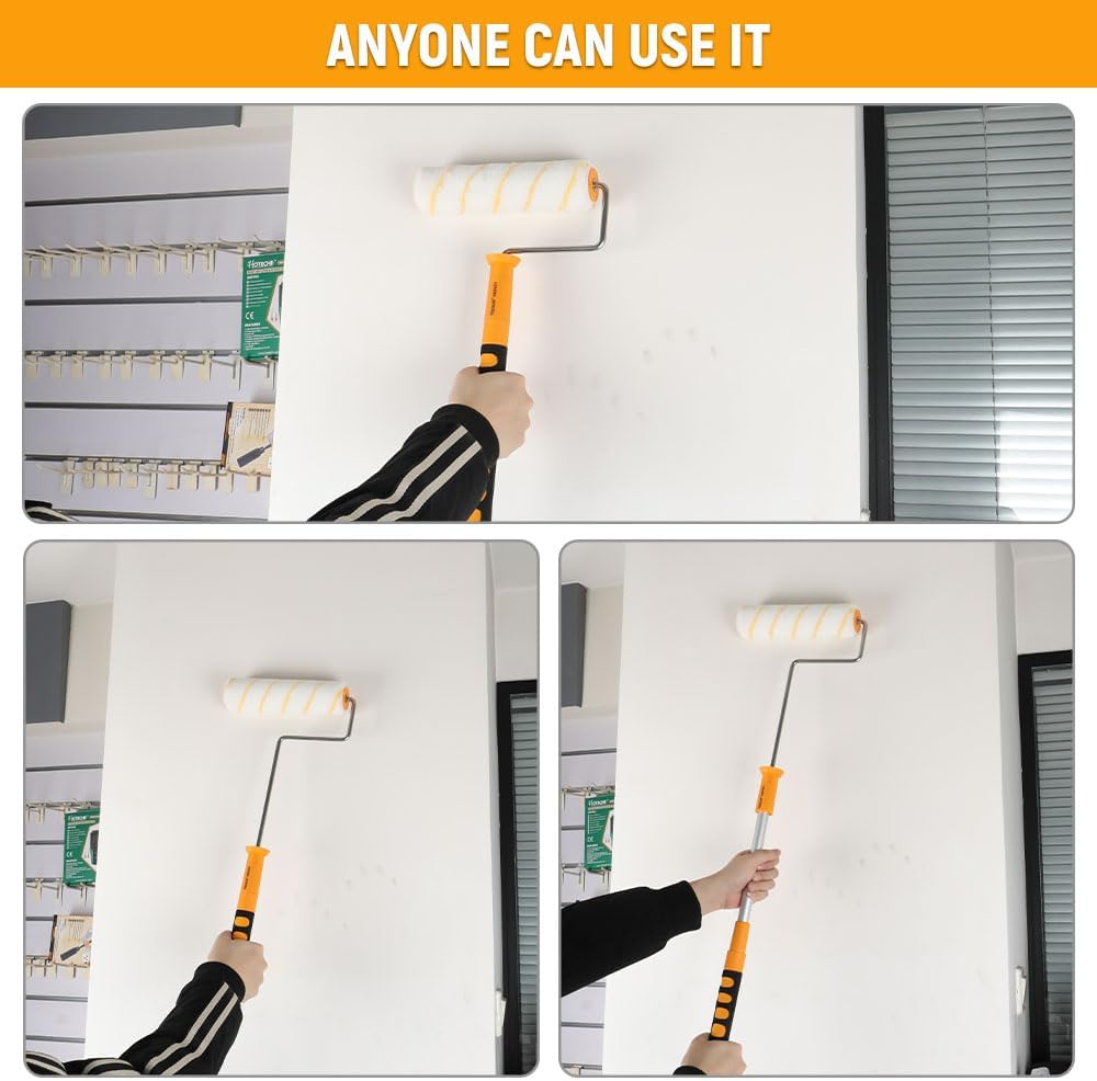 Sequence of images showing a person using the paint roller at different lengths for various painting tasks.